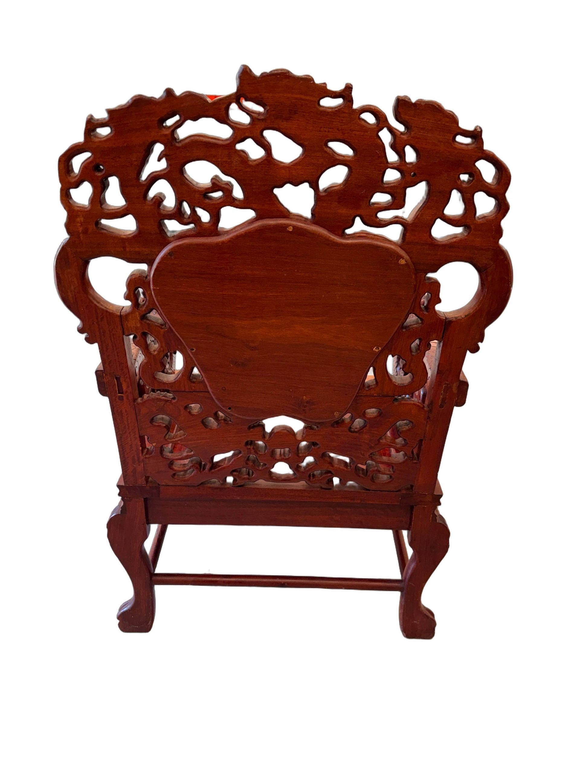 Antique Chinese Rosewood Dragon Armchair – Peranakan Style Carved Chair with Marble Insert, c. late 19th or early 20th century