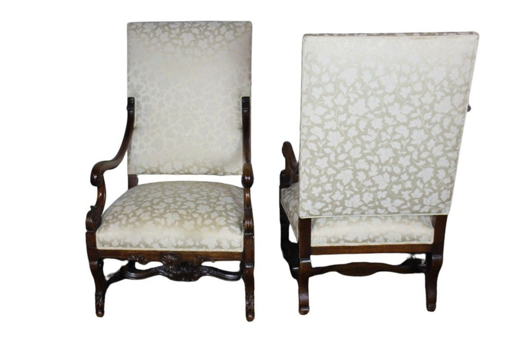Antique French  Louis XIV Style Carved Walnut Ivory White Arm Chairs - Set of 2