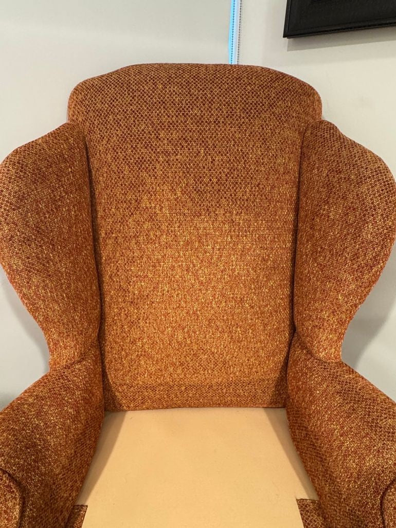 Vintage Queen Anne & Archie Bunker Style Wingback Chair with Carved Spindle Legs