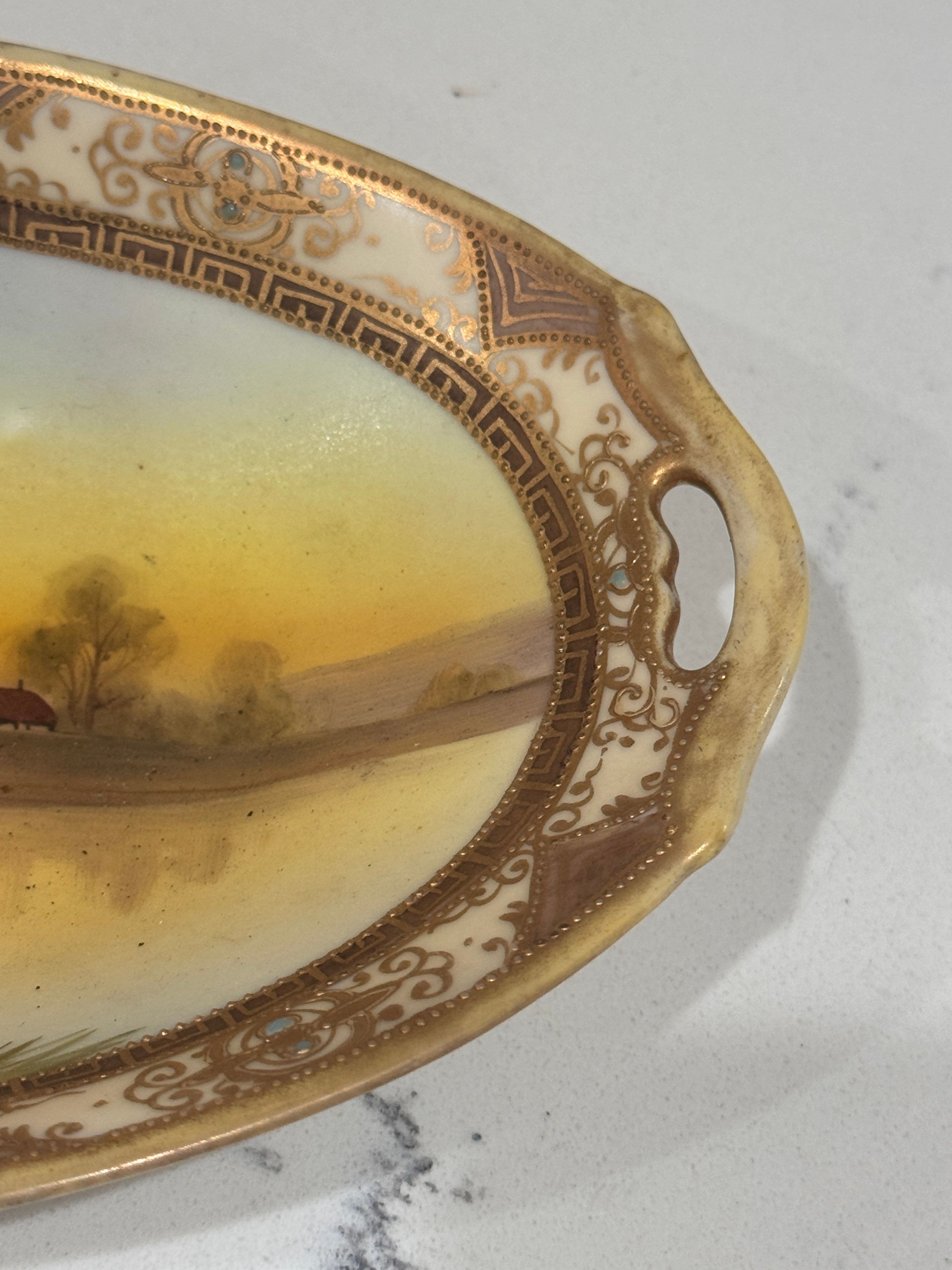 Antique Japanese Hand-Painted Nippon Plate by Morimura Brothers, Rural Lake Scene, c. 1911–1921