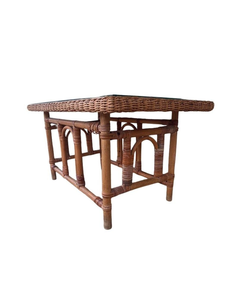 Vintage MCM Wicker Rattan Coffee Table with Glass Top