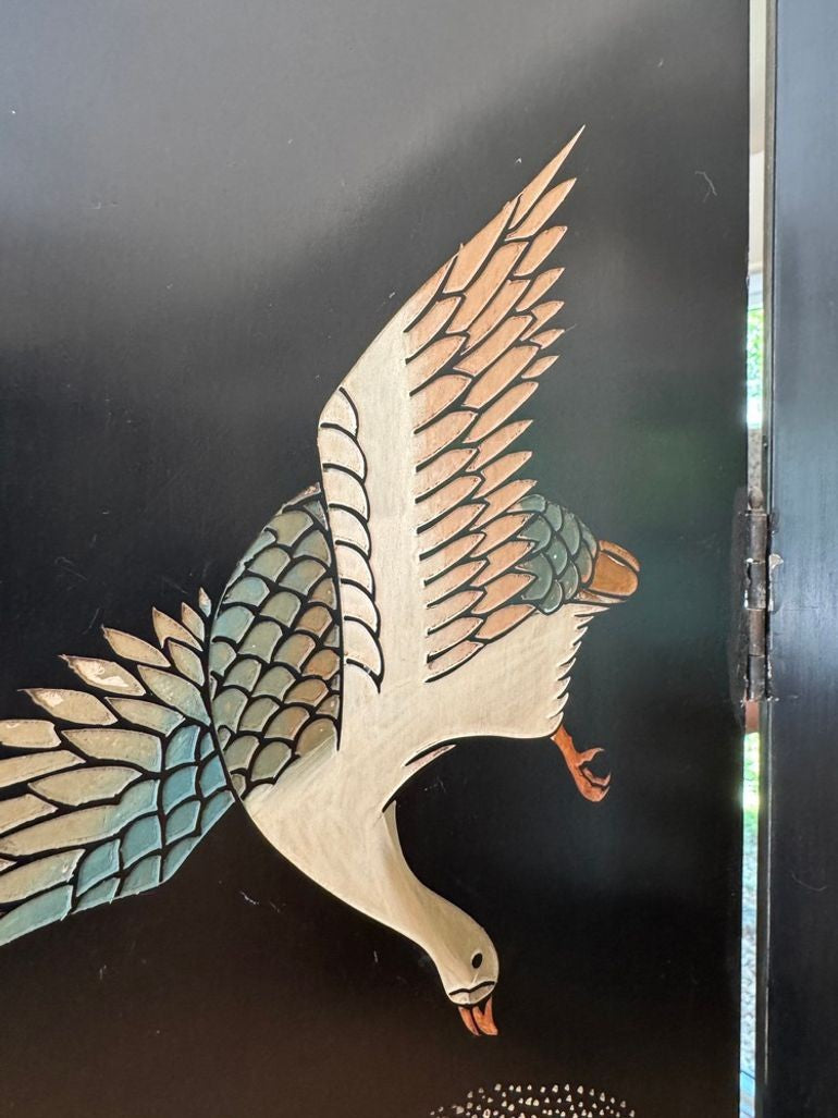 Vintage Chinese Four Panel Room Divider, Folding Screen with a Chinoiserie Pond Scene Painted on Both Sides