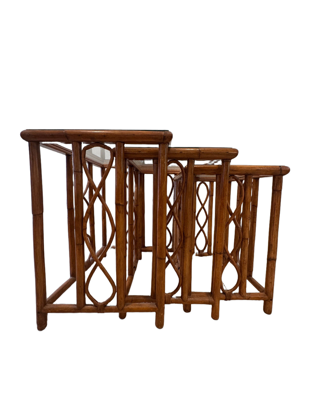 Vintage Burnt Bamboo Rattan Nesting Tables with Glass Tops, Set of 3, c. 1970s