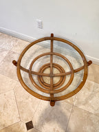 Vintage Sculptural Palm Beach Style Rattan Coffee Table with Round Glass Top, c. 1970s