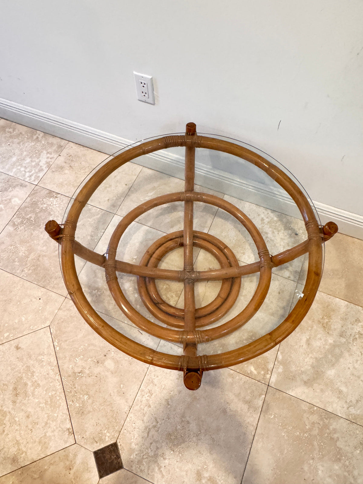 Vintage Sculptural Palm Beach Style Rattan Coffee Table with Round Glass Top, c. 1970s
