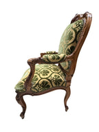 Antique French Louis XV Style Carved Walnut Bergere Armchairs with Green and Gold Damask and Nail head Details - Set of Two