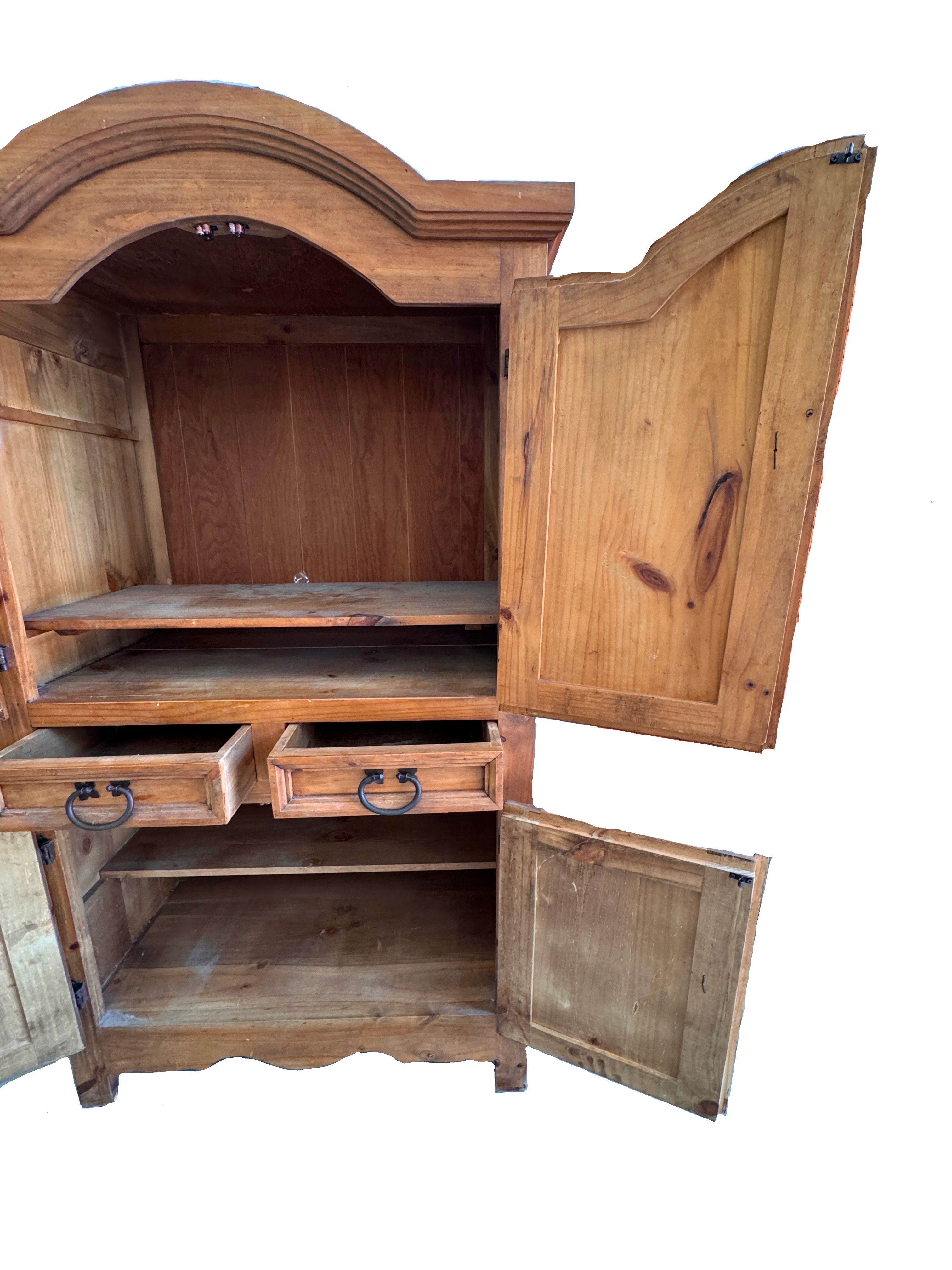 1980s Rustic Solid Pine Storage Armoire with Wrought Iron Accents, Mexico