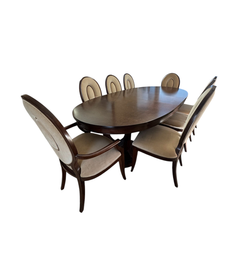 Thomasville Lumine Collection Dining Table with Double Pedestal, 8 Upholstered Chairs and Three Leaf Extension