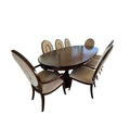 Thomasville Lumine Collection Dining Table with Double Pedestal, 8 Upholstered Chairs and Three Leaf Extension