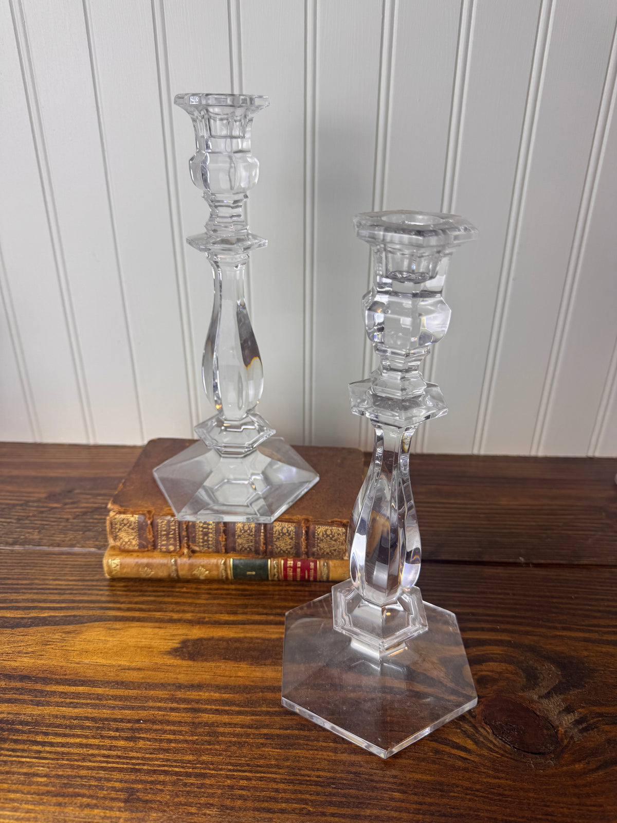 Val Saint-Lambert Signed Belgian Crystal Candlesticks, Pair, Sizes Vary, Late 20th Century