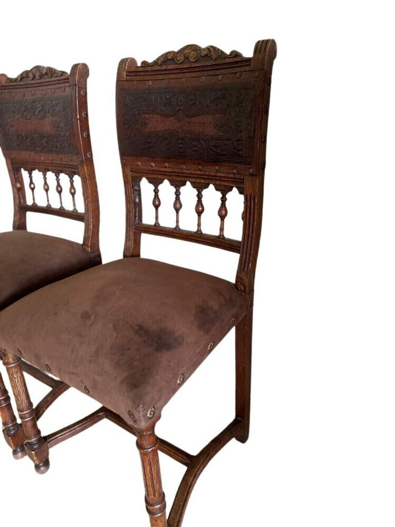 Antique 19th Century French Henry II Style Walnut Dining/Side/Accent Chairs With Suede Upholstery - Set of Two