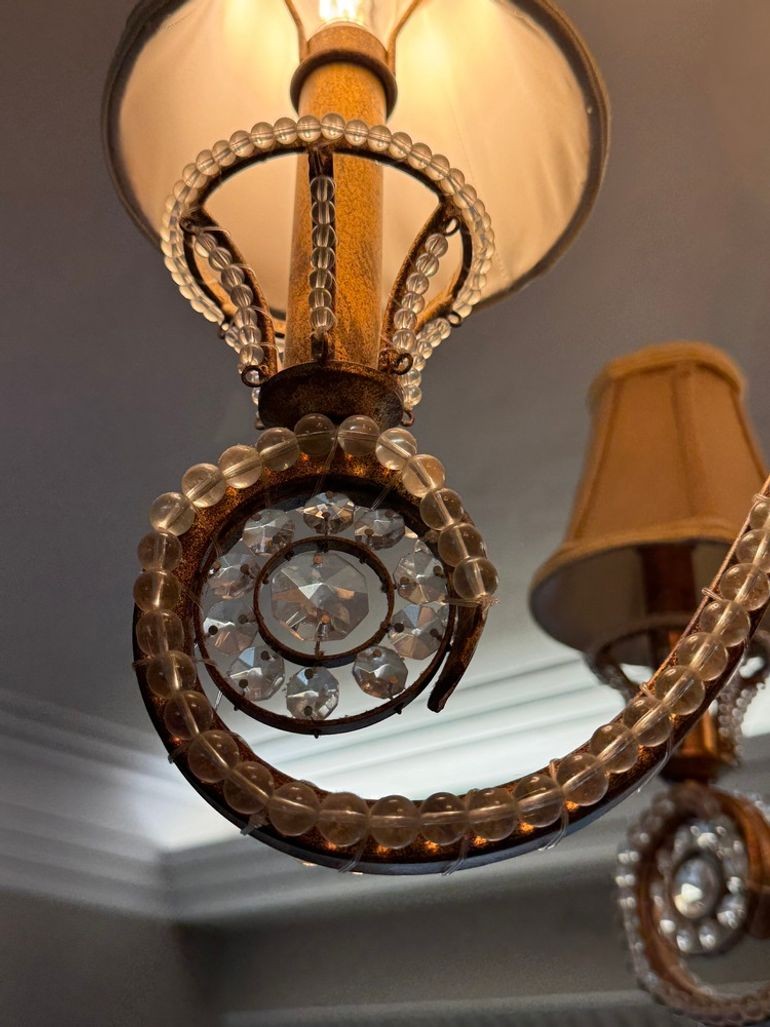 Vintage 1960s Regency Six Arm Chandelier with Gilt Iron and Crystal Beads