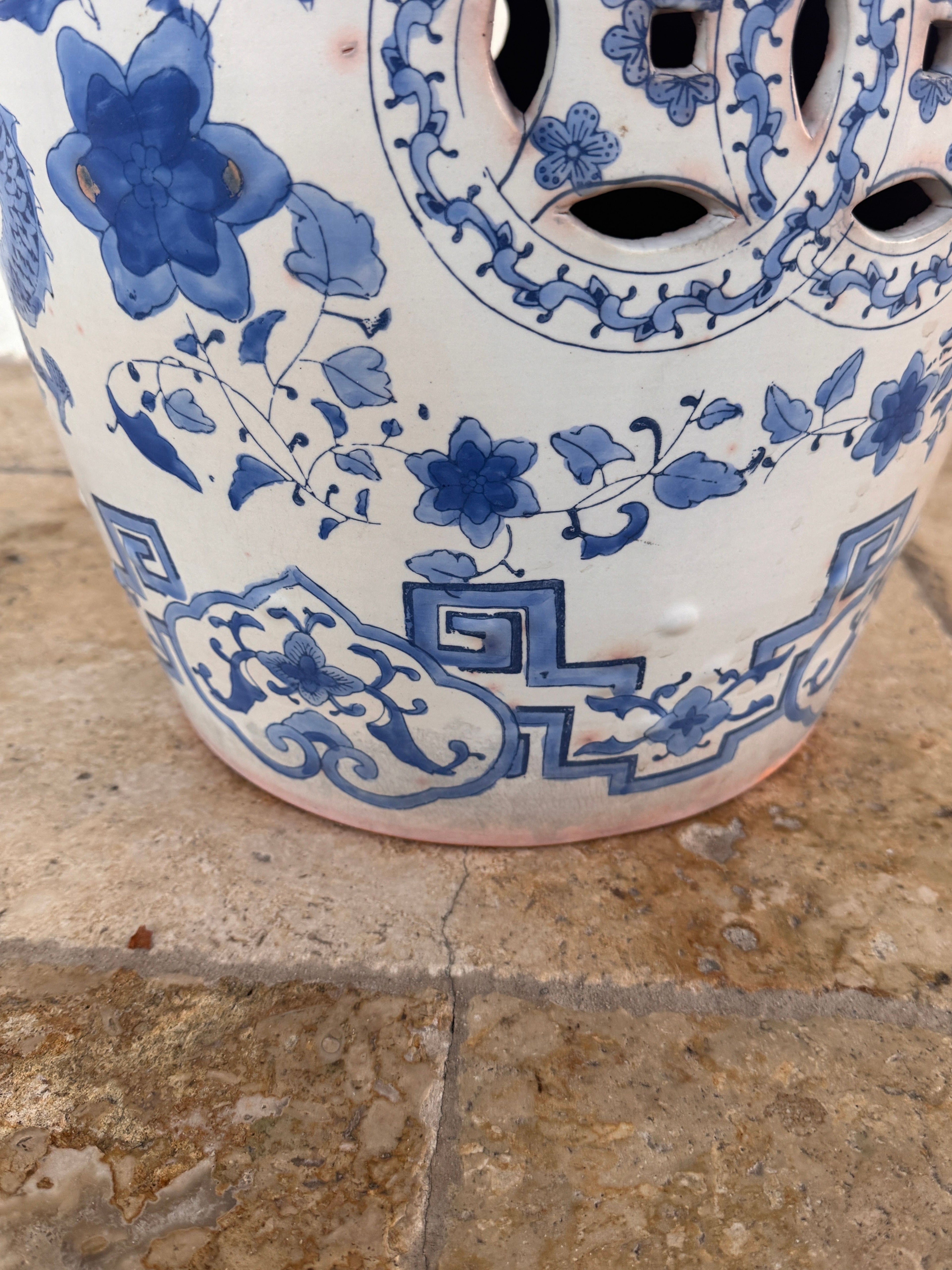 Vintage Terracotta Blue and White Chinese Garden Stool, Plant Stand