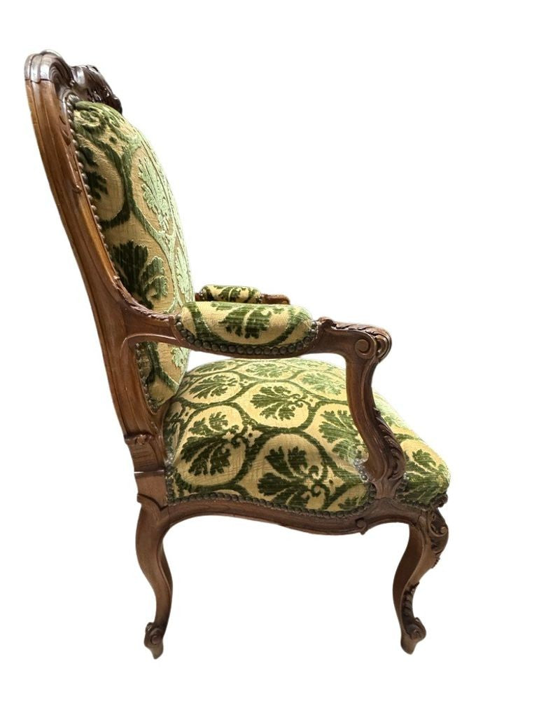 Antique French Louis XV Style Carved Walnut Bergere Armchairs with Green and Gold Damask and Nail head Details - Set of Two