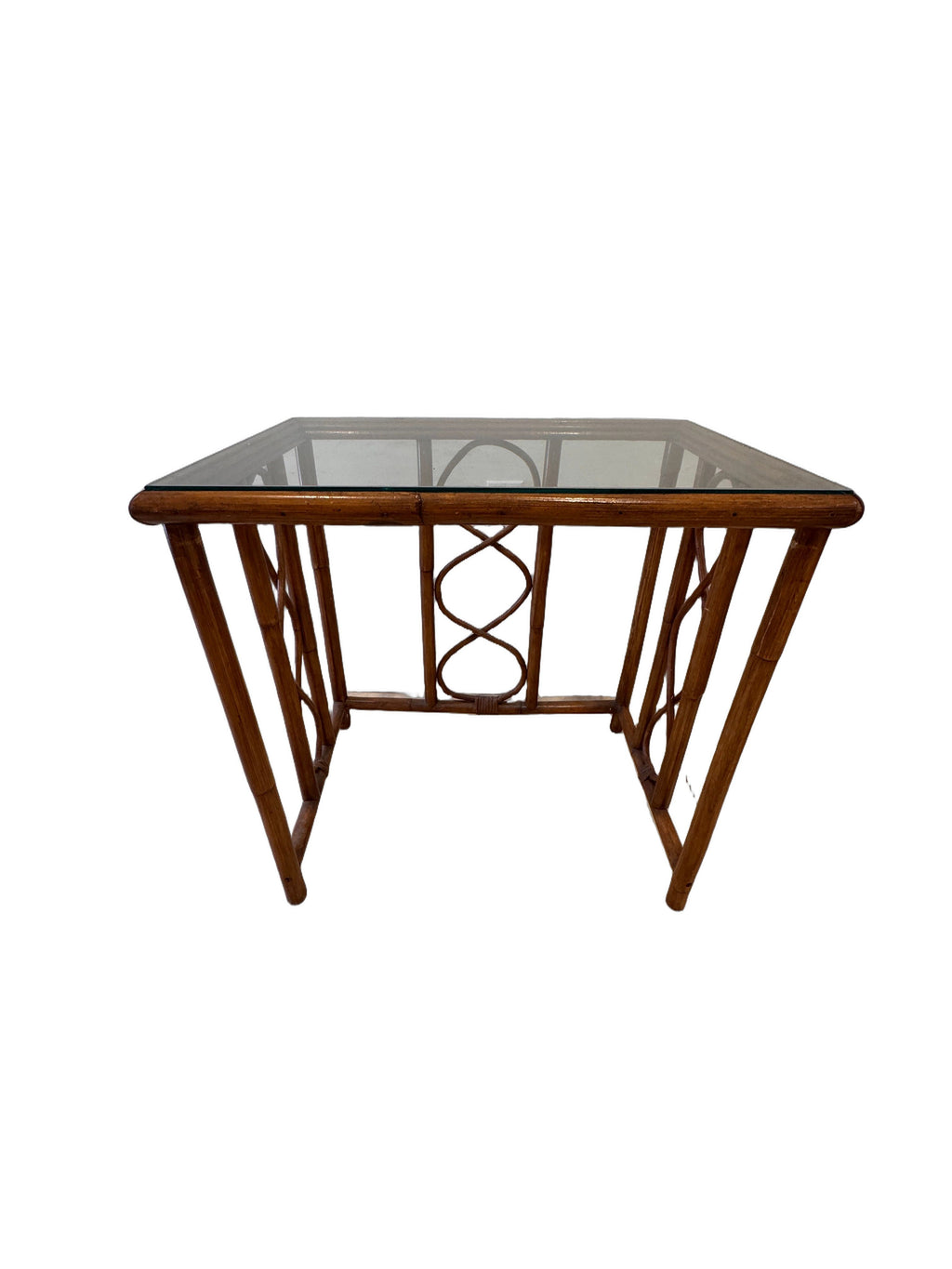 Vintage Burnt Bamboo Rattan Nesting Tables with Glass Tops, Set of 3, c. 1970s