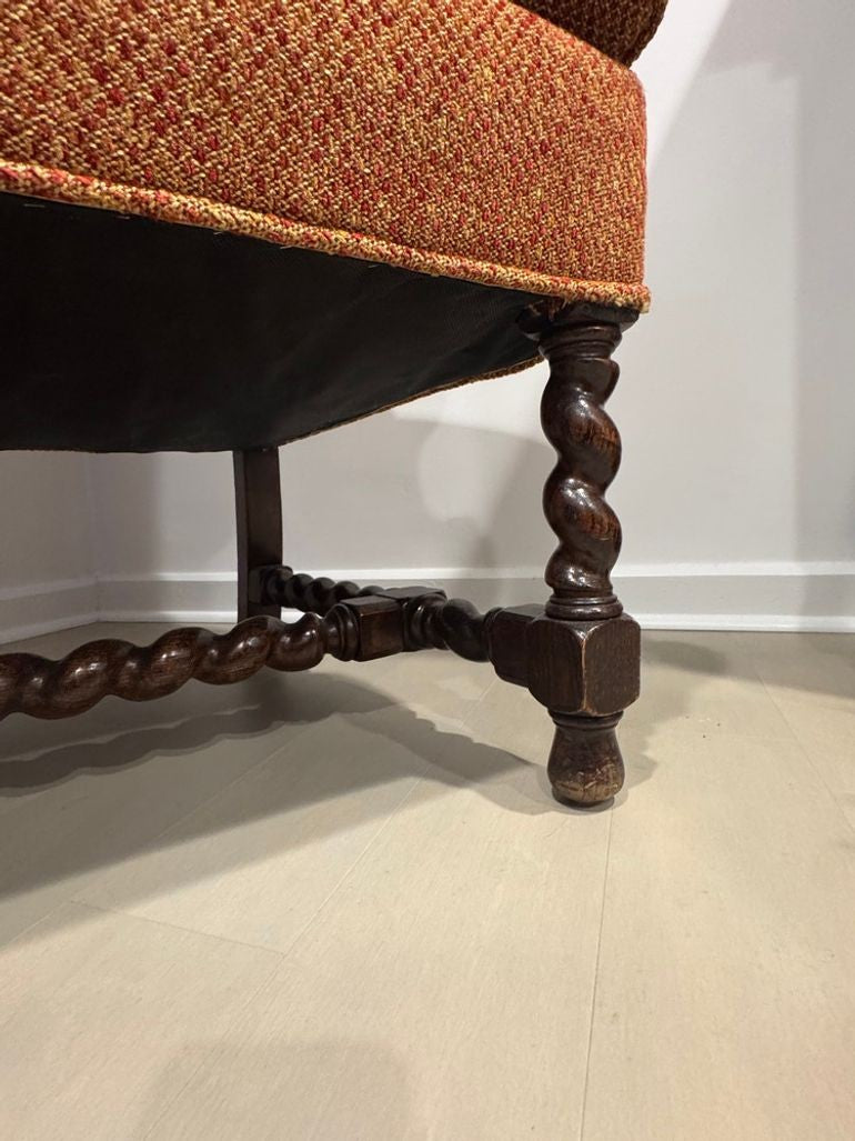 Vintage Queen Anne & Archie Bunker Style Wingback Chair with Carved Spindle Legs