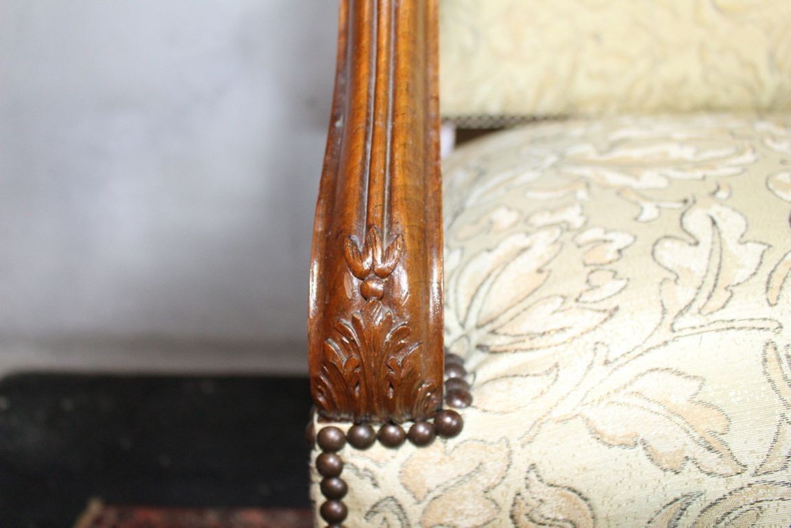 Antique French Louis XIV Style Nail Head Upholstered Arm Chairs - Set of 2