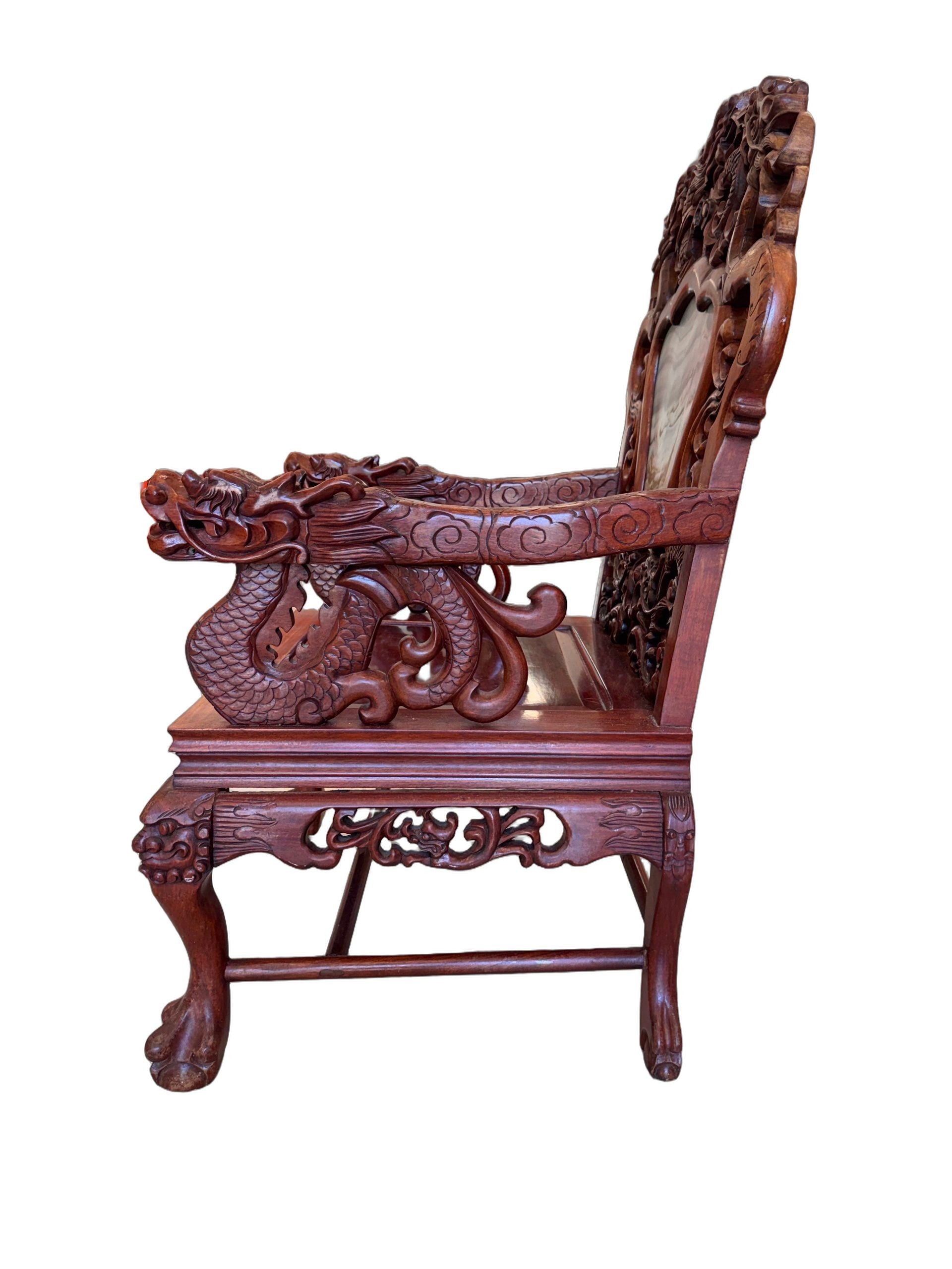 Antique Chinese Rosewood Dragon Armchair – Peranakan Style Carved Chair with Marble Insert, c. late 19th or early 20th century