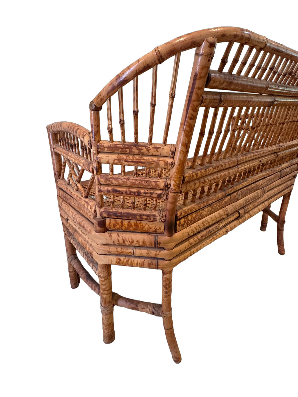 Vintage Brighton Pavilion Style Burnt Bamboo & Cane Settee Bench, c. 1970s