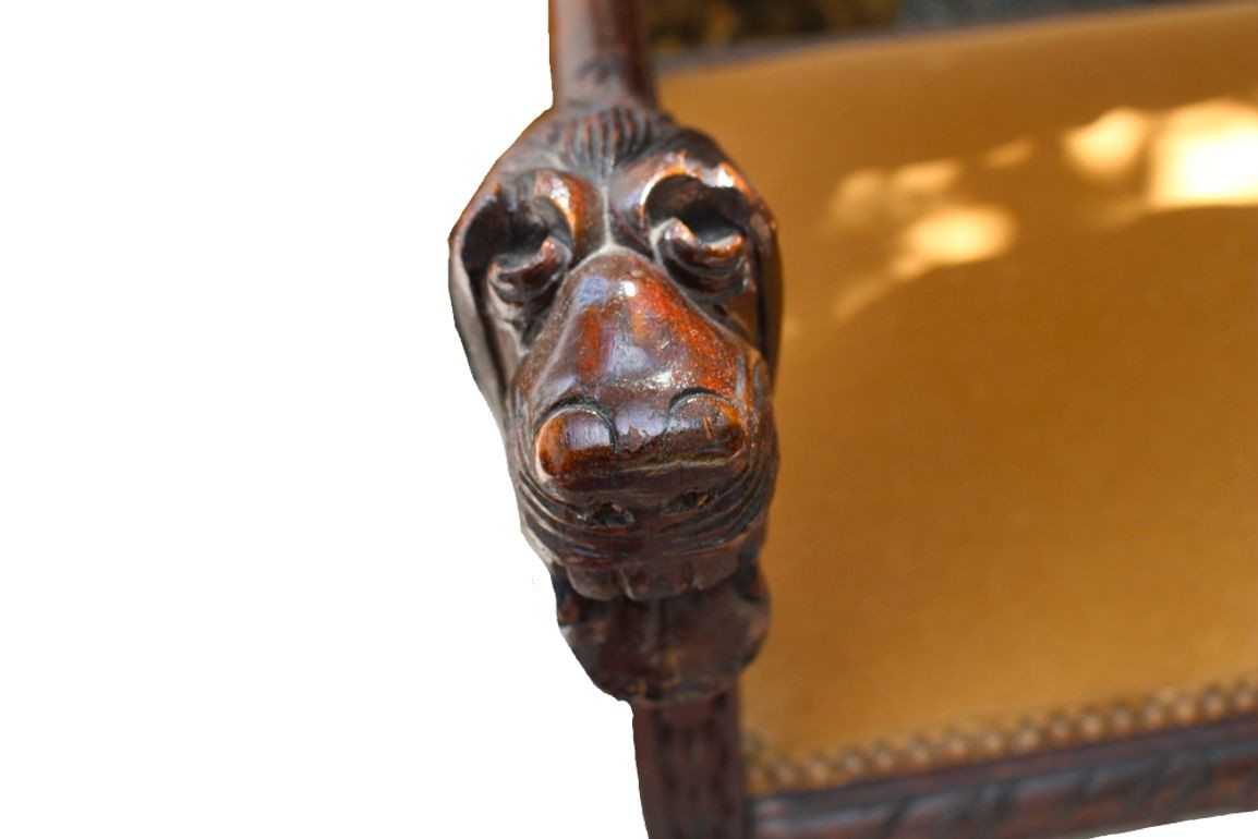 Antique Italian Carved Walnut Upholstered Bench, c. late 1800s