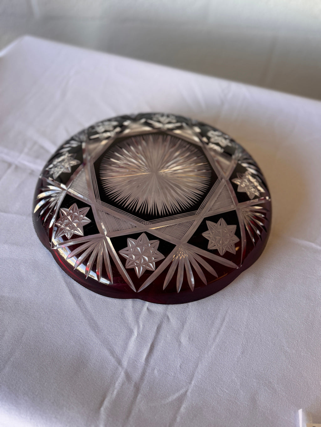 Antique Czech Bohemian  Ruby Red Art Deco Hand Cut to Clear Crystal Plate featuring Starburst Geometric Patterns , c. 1920