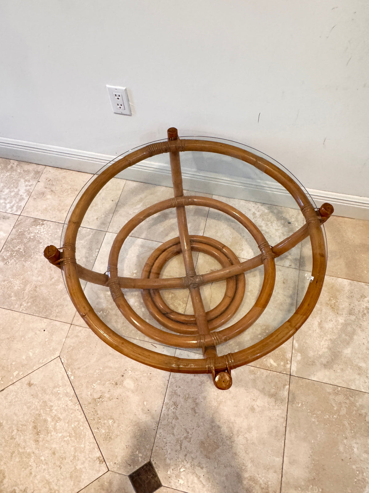Vintage Sculptural Palm Beach Style Rattan Coffee Table with Round Glass Top, c. 1970s