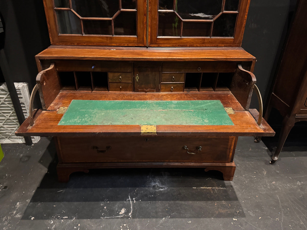 Antique English Georgian Mahogany Bureau Bookcase with Astragal Glass Doors, Late 18th Century