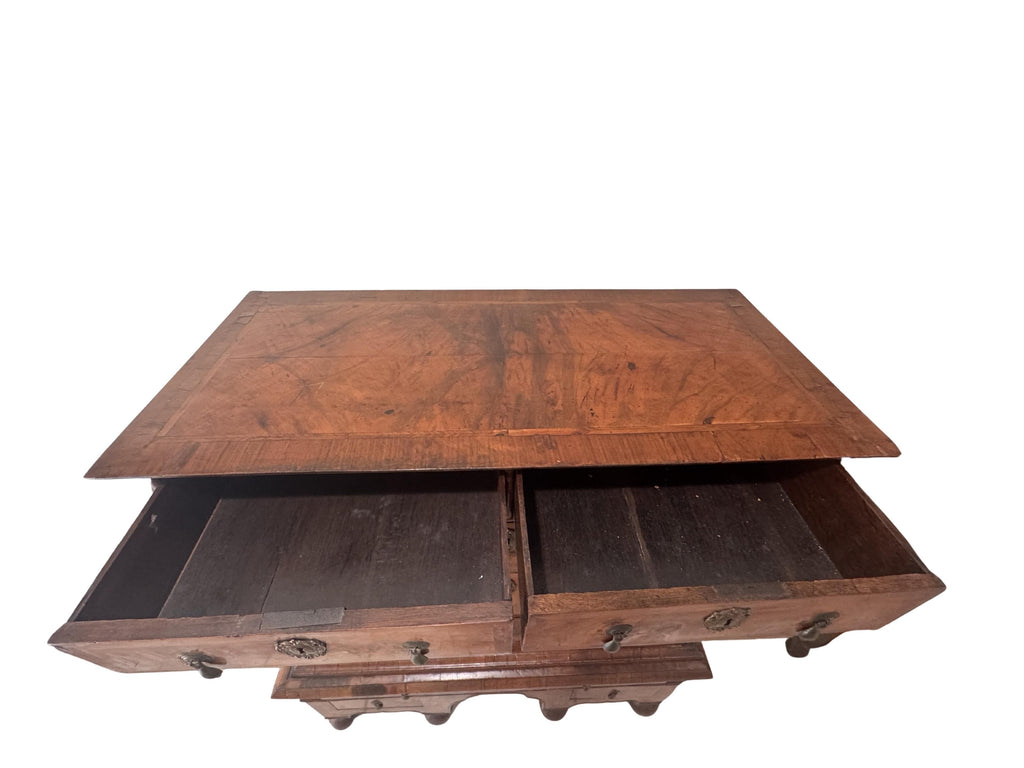 Antique William and Mary Burl Walnut Chest on Stand with Original Bronze Hardware and Cannonball Feet, Late 17th Century
