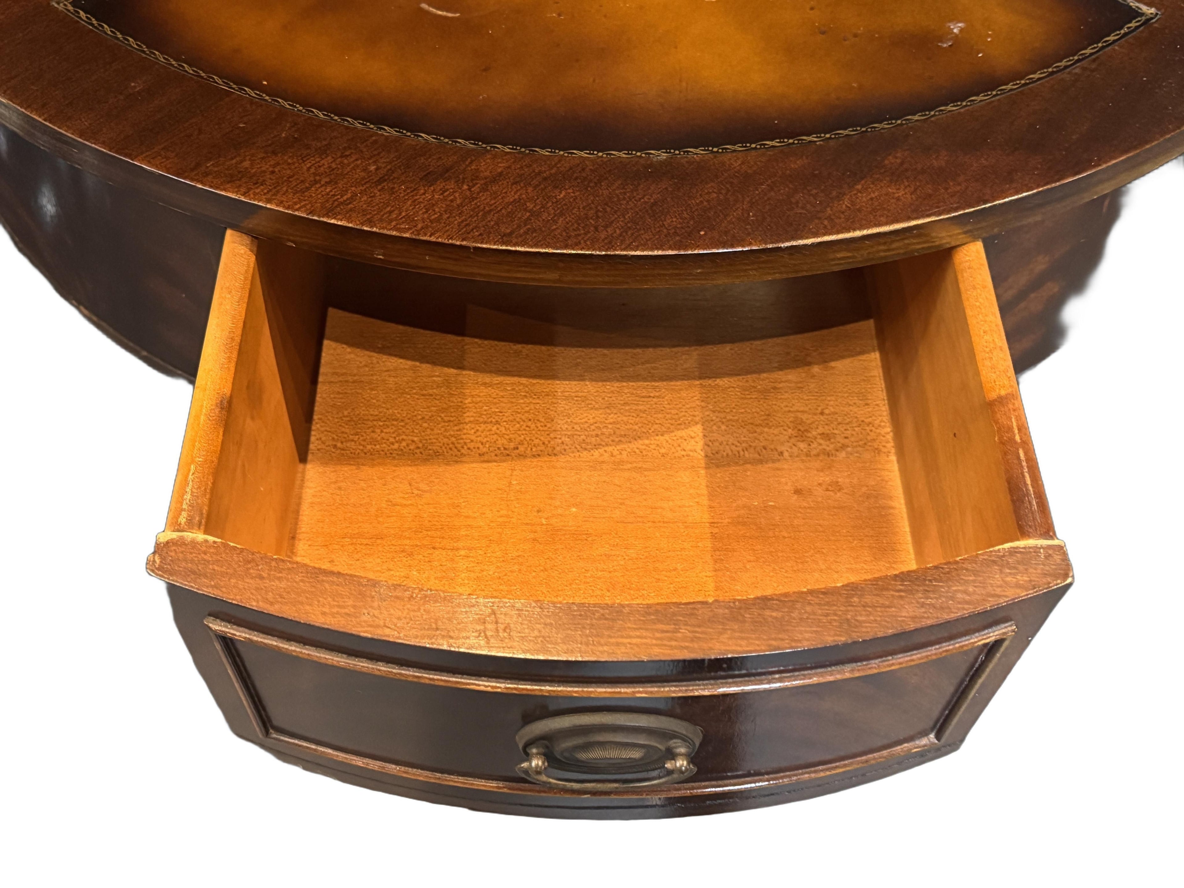Antique Duncan Phyfe Style Mahogany Drum Center Table with Gold-Tooled Leather Top, Early 20th Century