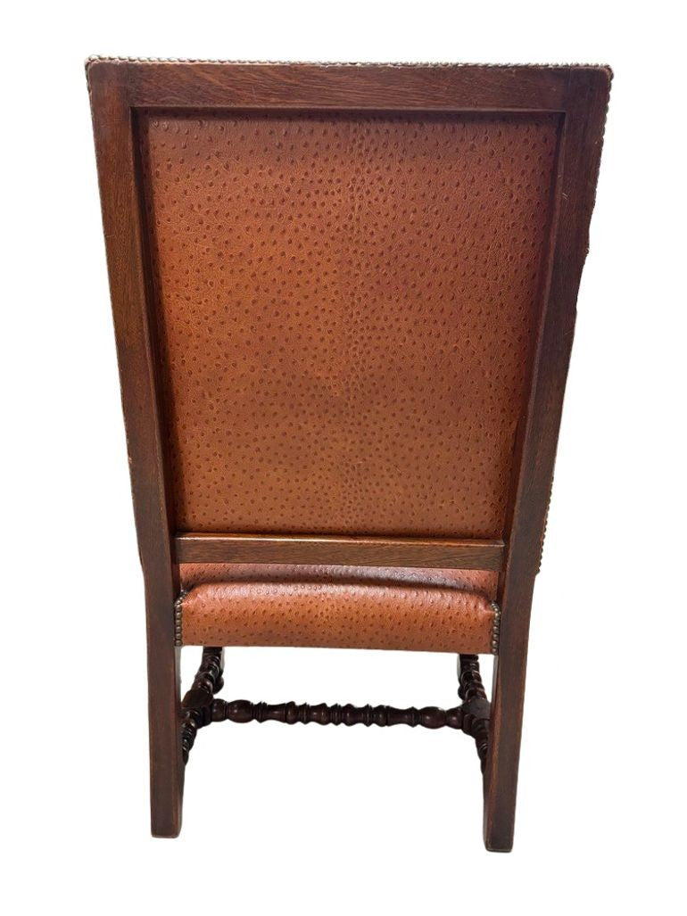 Antique Brown Leather Armchairs with Nailhead Details, Bobbin-Turned Legs, and Scrolled Arms- Set of 2, c. Early 1900s