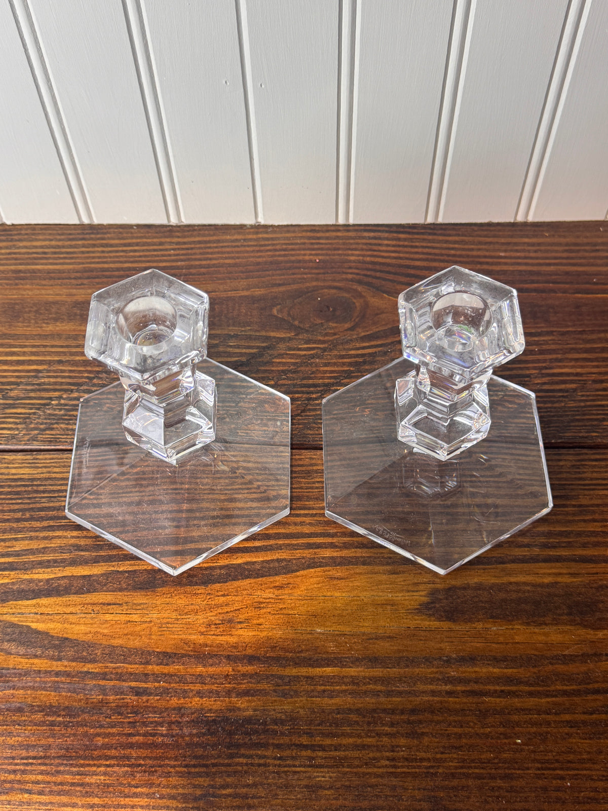 Val Saint-Lambert Signed Belgian Crystal Candlesticks, Pair, Sizes Vary, Late 20th Century