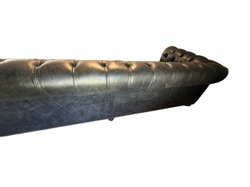 Restoration Hardware Kensington Ebony Leather Sofa with 44” depth and Luxe Down Feather Fill