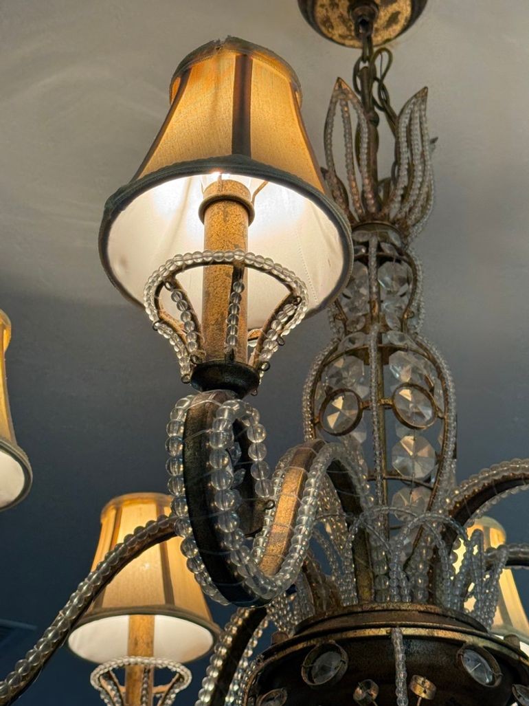 Vintage 1960s Regency Six Arm Chandelier with Gilt Iron and Crystal Beads