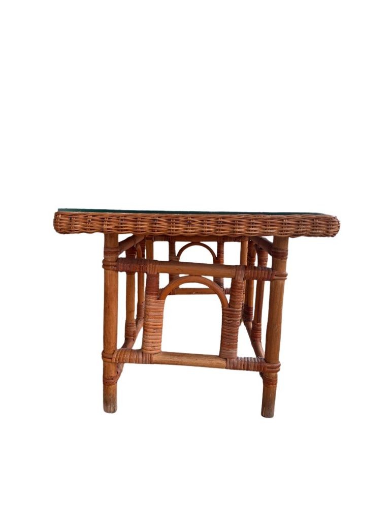 Vintage MCM Wicker Rattan Coffee Table with Glass Top
