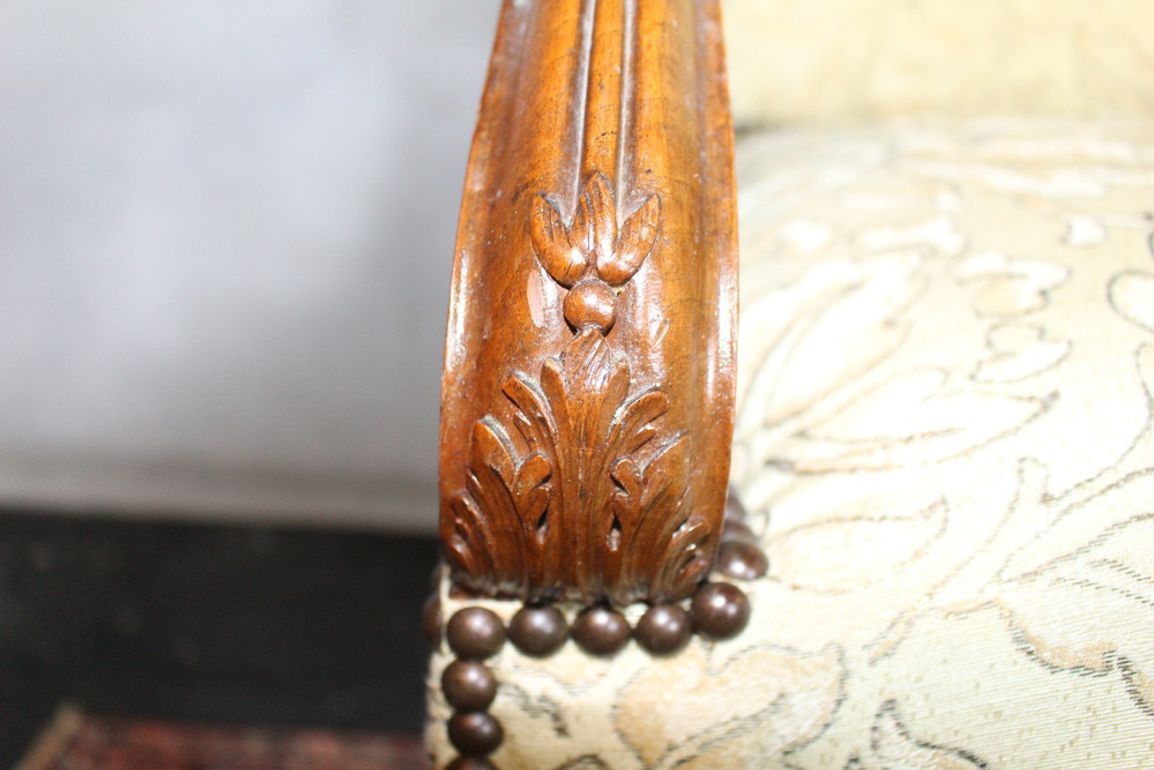 Antique French Louis XIV Style Nail Head Upholstered Arm Chairs - Set of 2