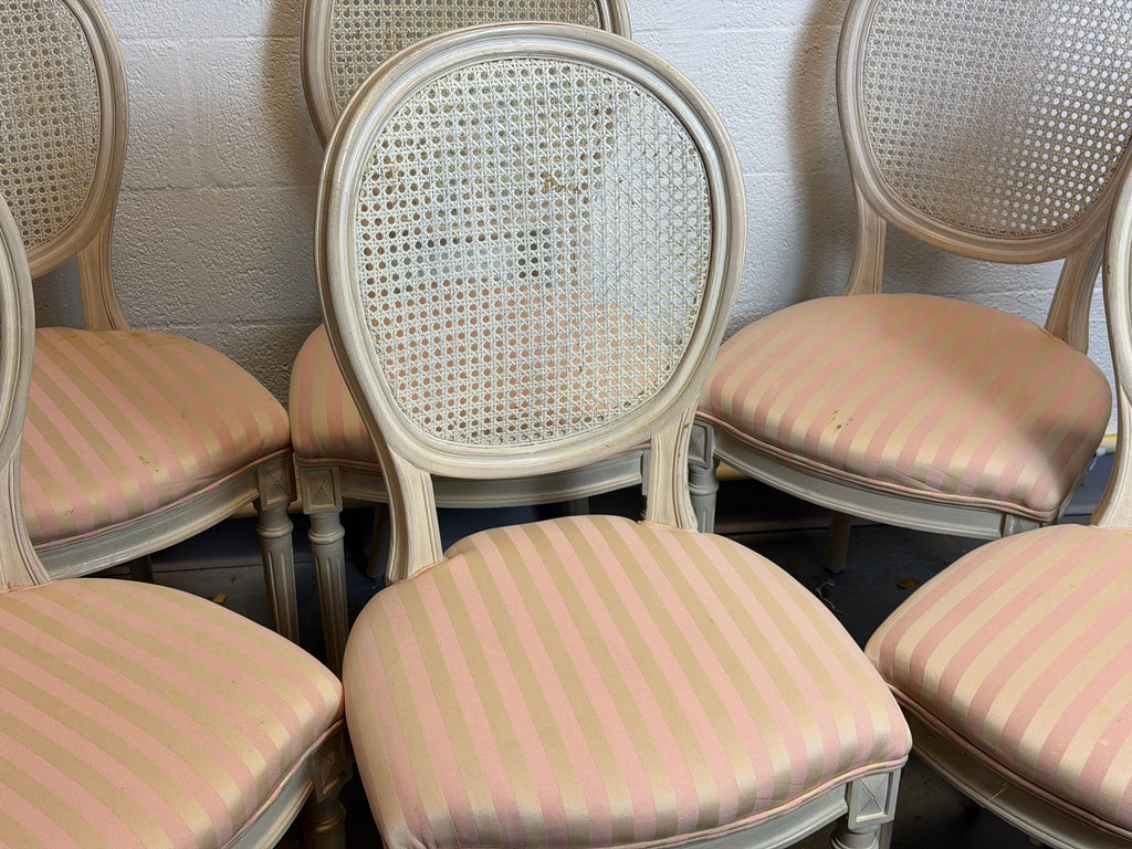Vintage French Louis XVI Style Oval Cane Back Dining Chairs, Set of 6, c. 1970s