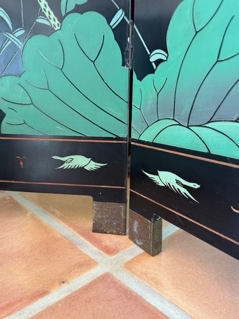 Vintage Chinese Four Panel Room Divider, Folding Screen with a Chinoiserie Pond Scene Painted on Both Sides