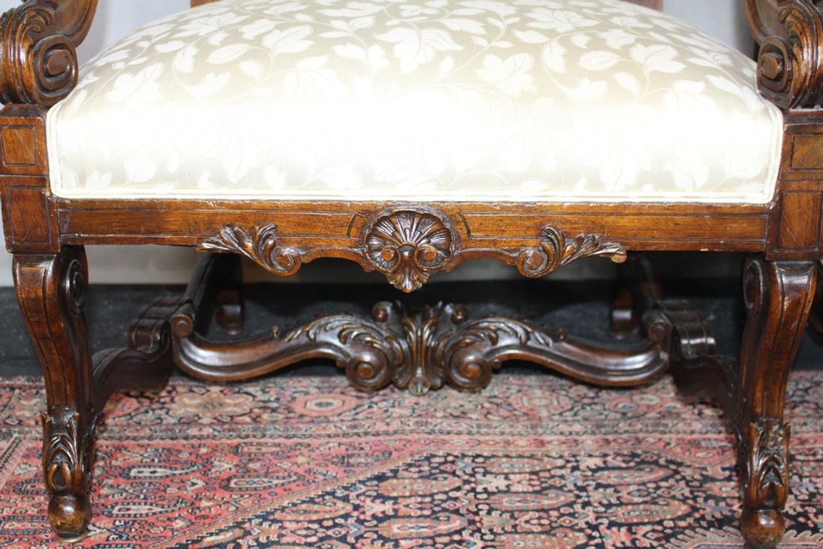 Antique French  Louis XIV Style Carved Walnut Ivory White Arm Chairs - Set of 2