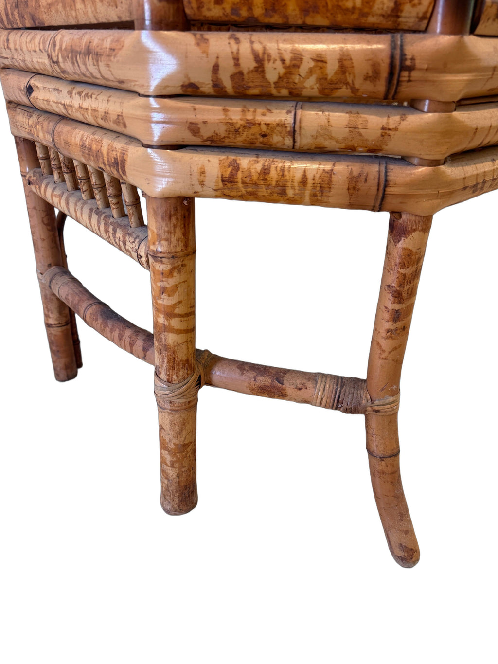 Vintage Brighton Pavilion Style Burnt Bamboo & Cane Settee Bench, c. 1970s