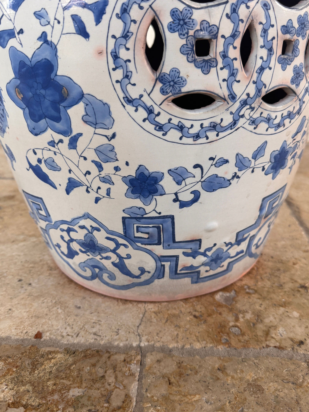 Vintage Terracotta Blue and White Chinese Garden Stool, Plant Stand