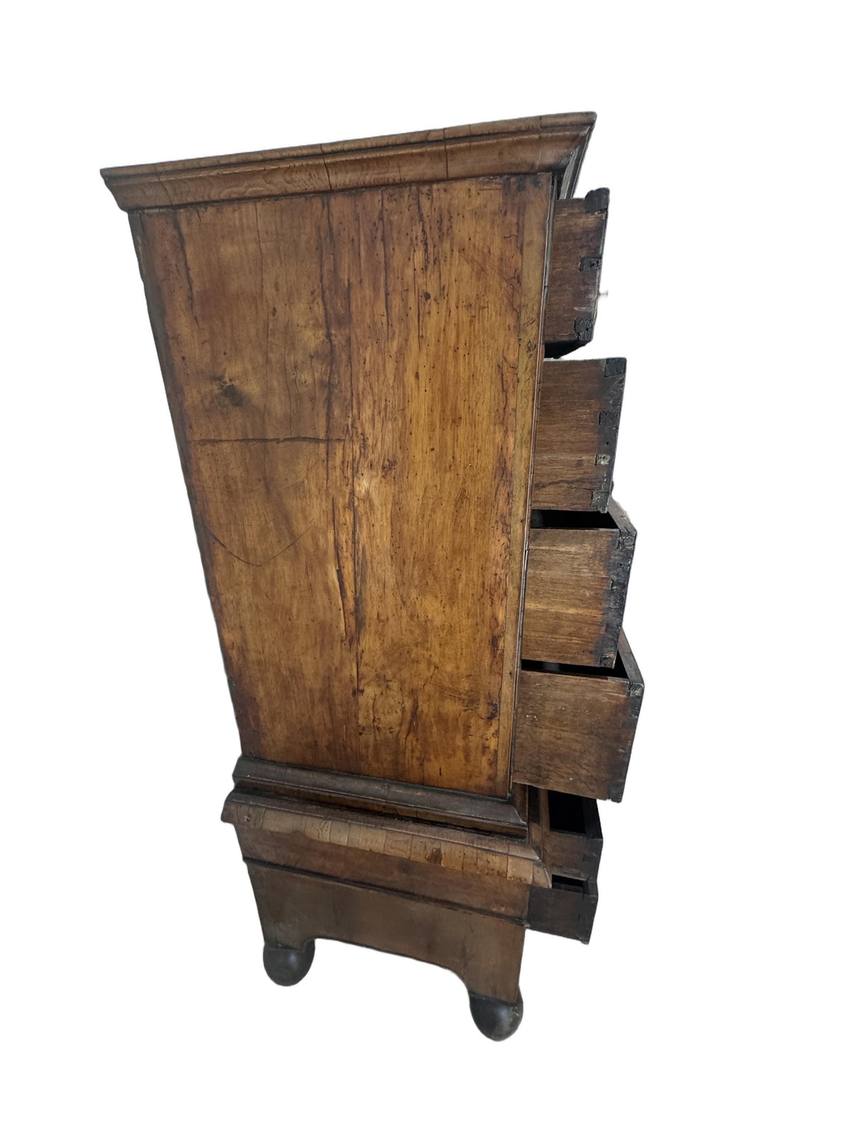 Antique William and Mary Burl Walnut Chest on Stand with Original Bronze Hardware and Cannonball Feet, Late 17th Century