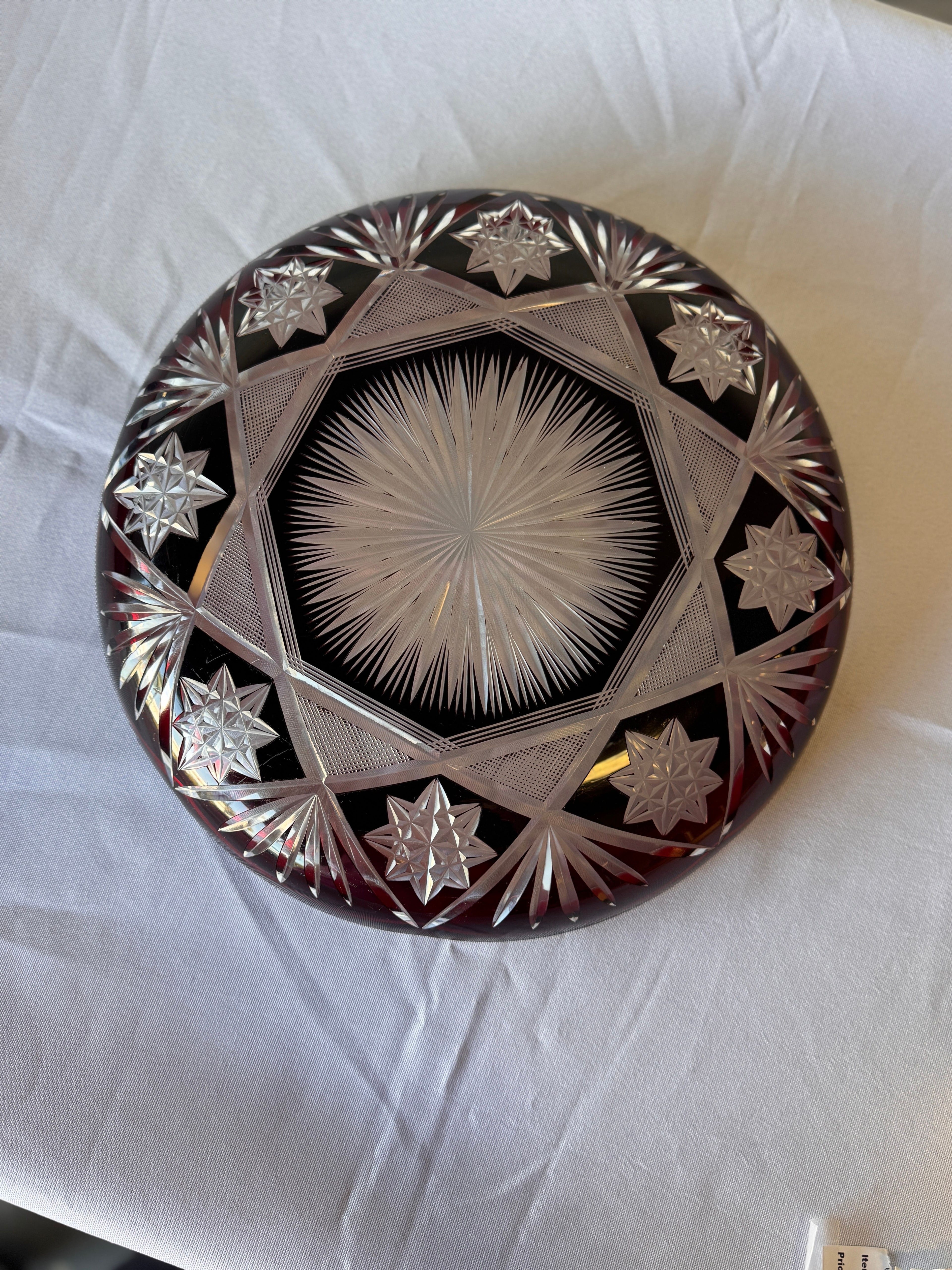 Antique Czech Bohemian  Ruby Red Art Deco Hand Cut to Clear Crystal Plate featuring Starburst Geometric Patterns , c. 1920