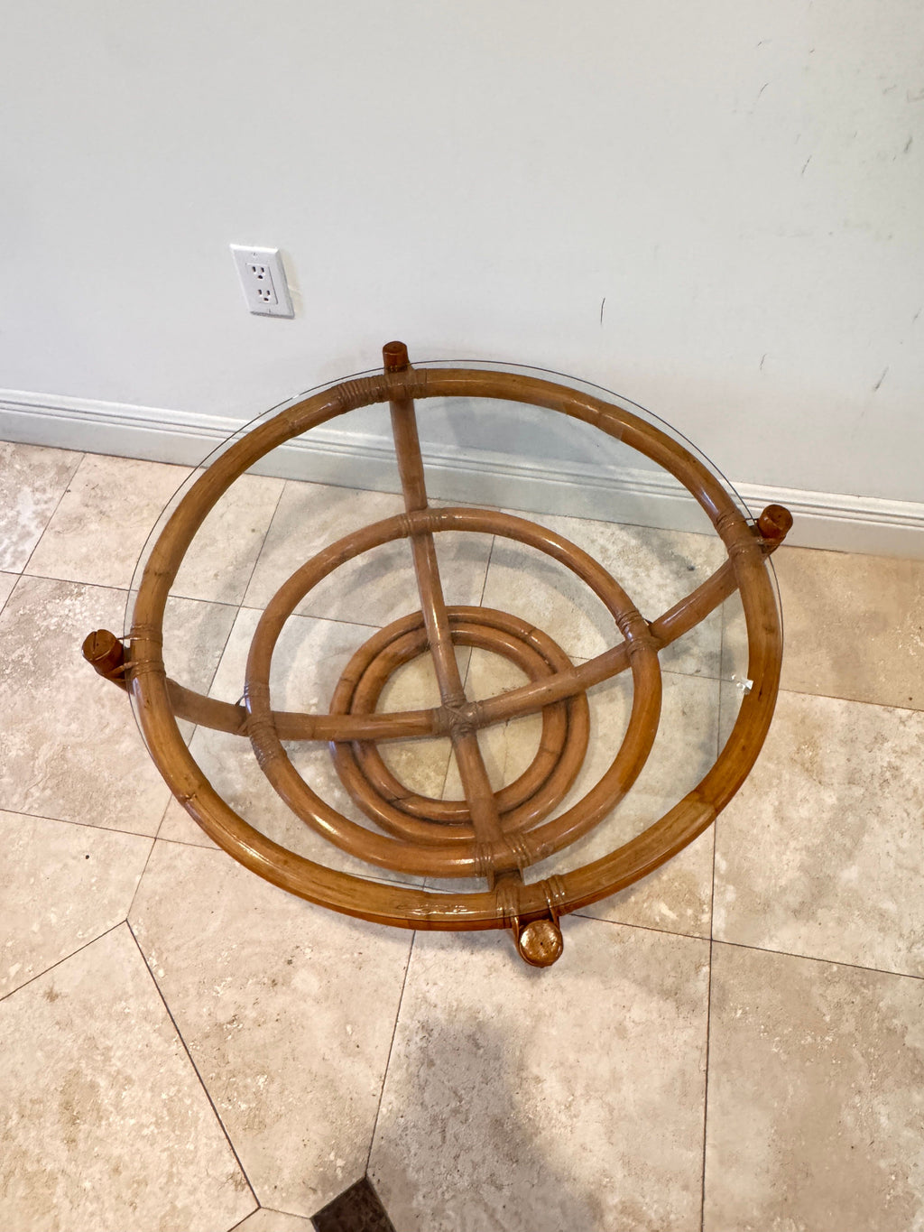 Vintage Sculptural Palm Beach Style Rattan Coffee Table with Round Glass Top, c. 1970s