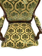Antique French Louis XV Style Carved Walnut Bergere Armchairs with Green and Gold Damask and Nail head Details - Set of Two