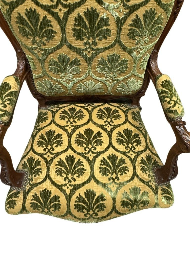 Antique French Louis XV Style Carved Walnut Bergere Armchairs with Green and Gold Damask and Nail head Details - Set of Two