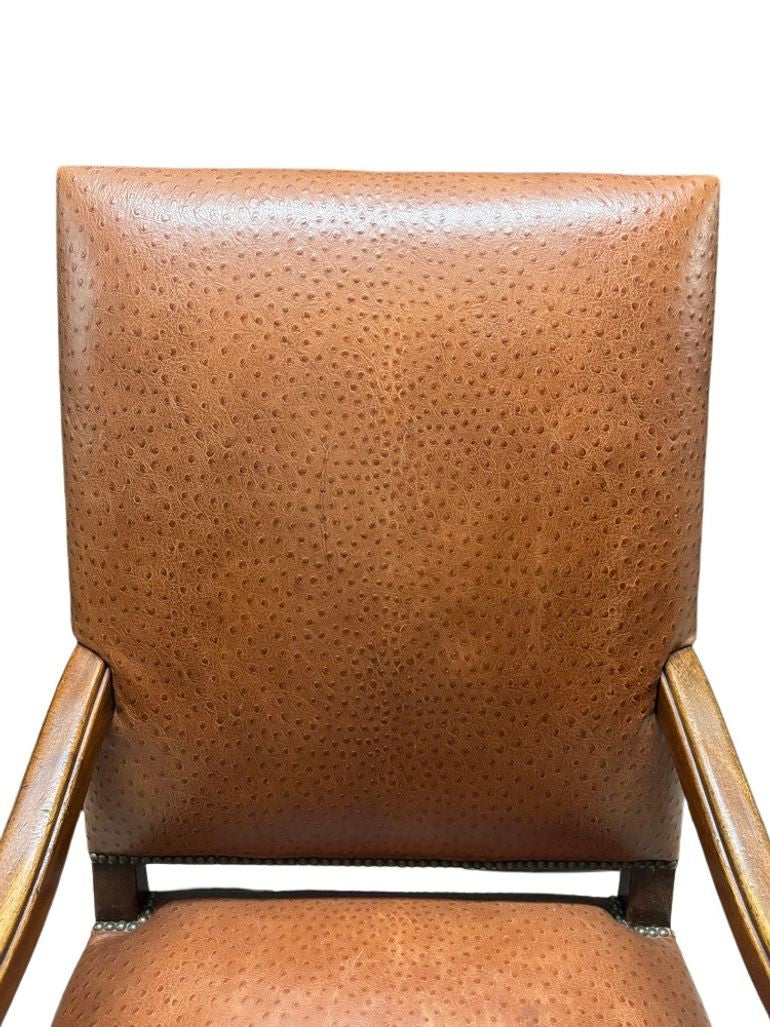 Antique Brown Leather Armchairs with Nailhead Details, Bobbin-Turned Legs, and Scrolled Arms- Set of 2, c. Early 1900s
