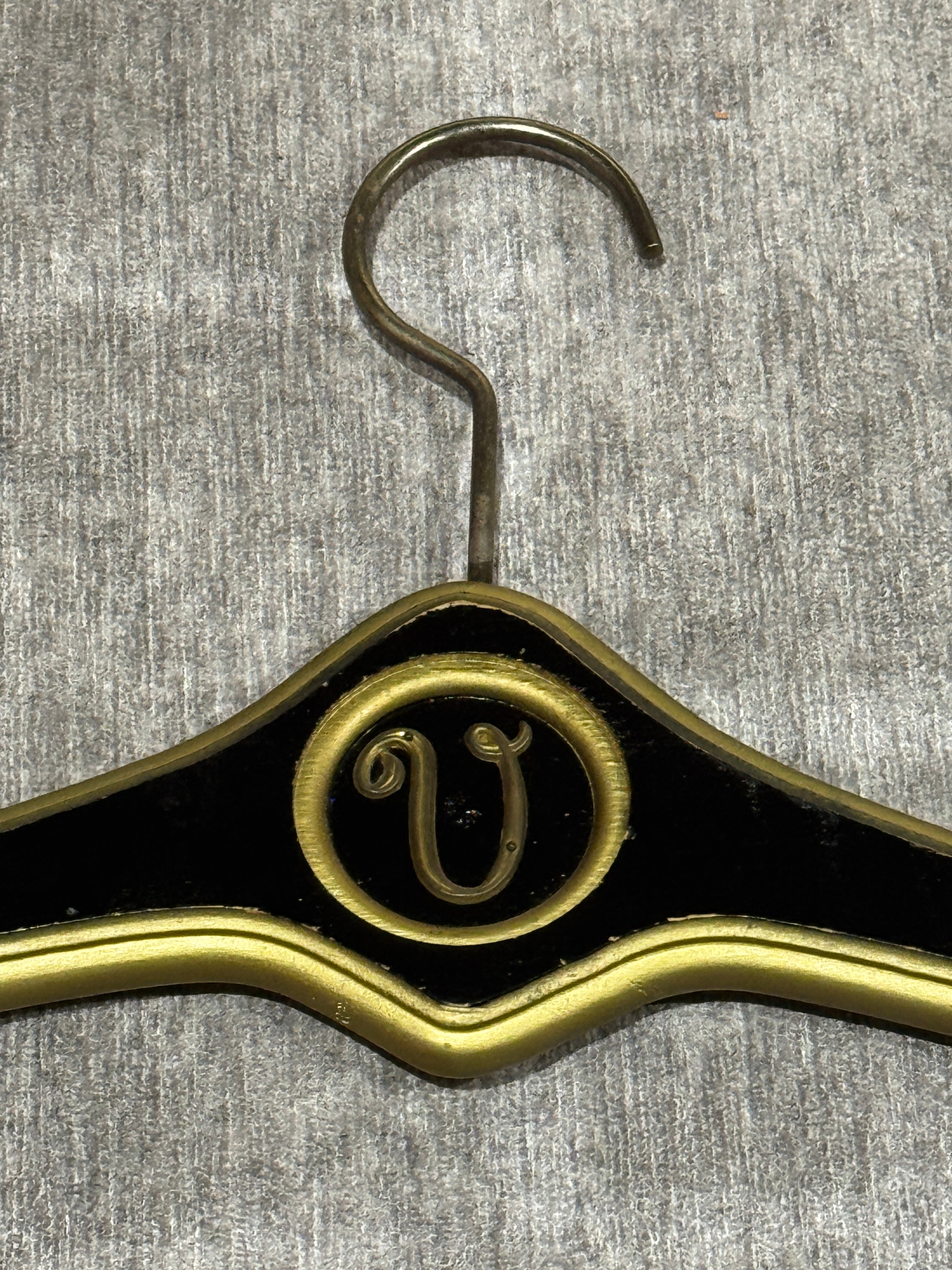 MCM Regency Black and Gold Wood Clothes Hangers - Monogrammed with U and V