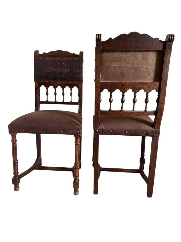 Antique 19th Century French Henry II Style Walnut Dining/Side/Accent Chairs With Suede Upholstery - Set of Two