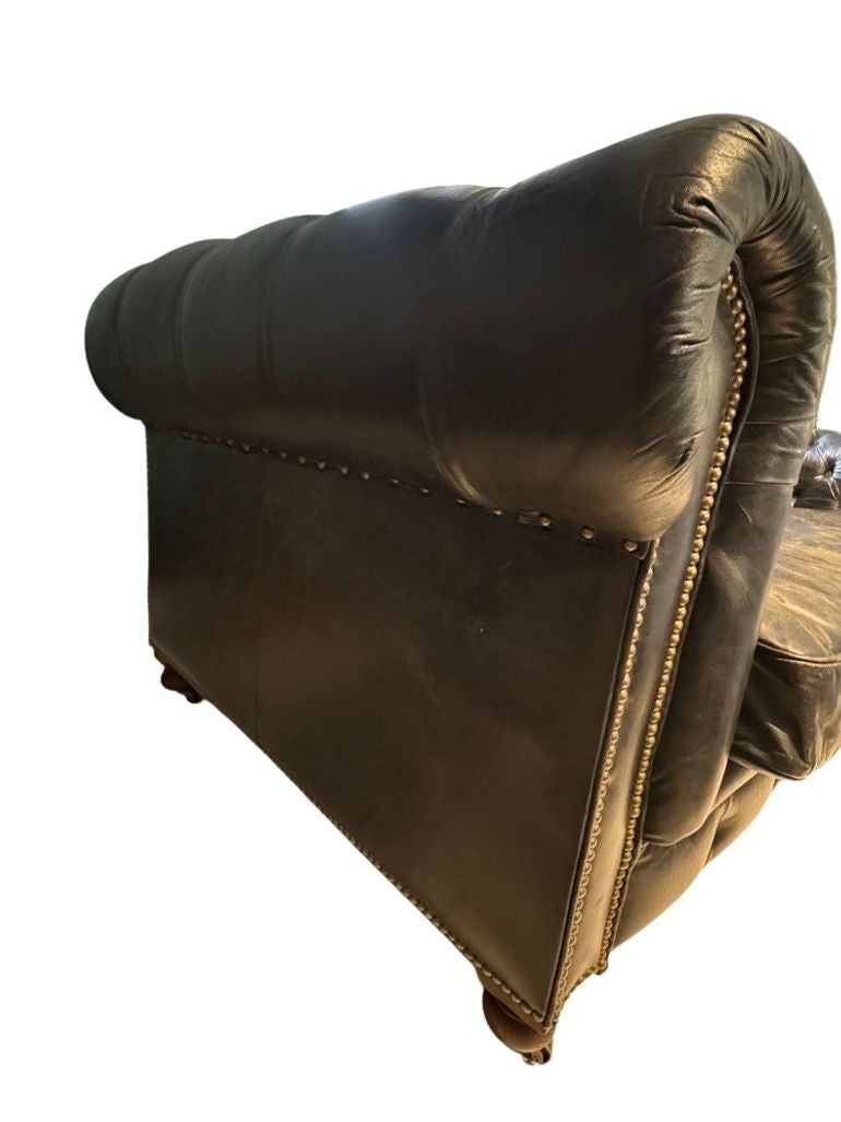 Restoration Hardware Kensington Ebony Leather Sofa with 44” depth and Luxe Down Feather Fill