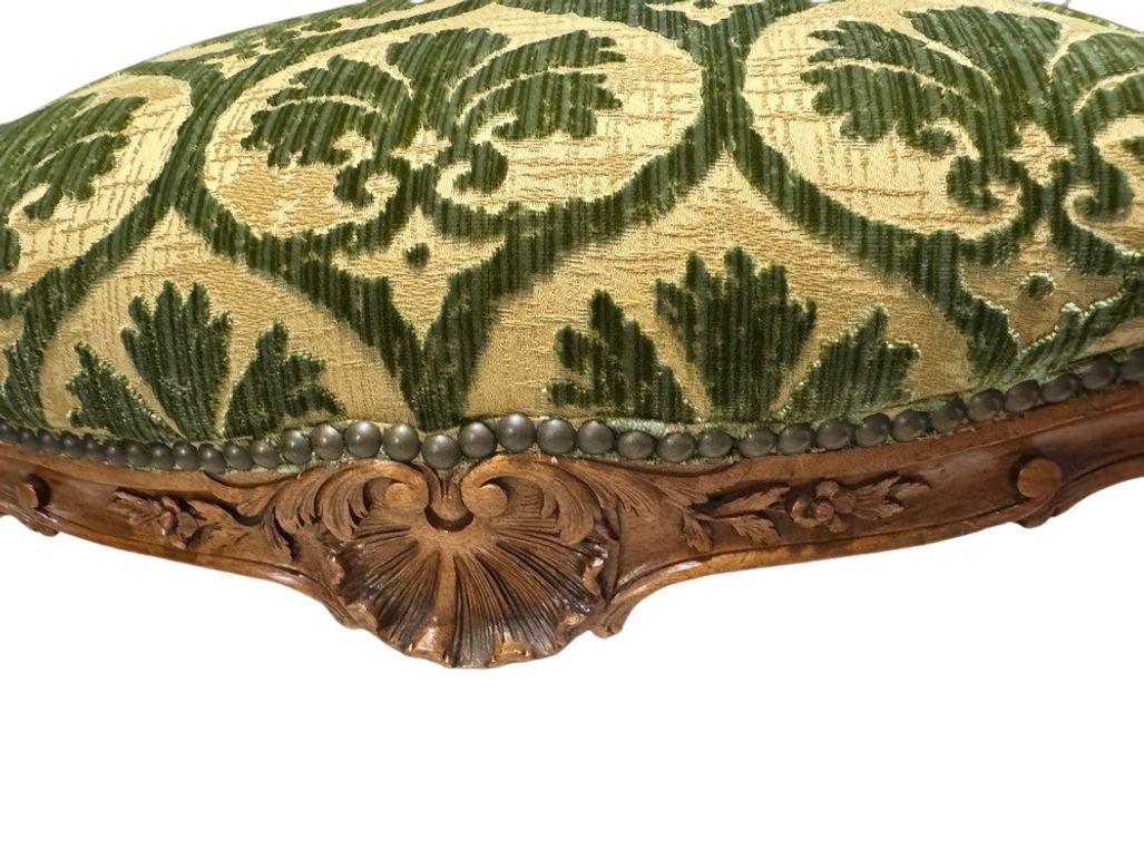 Antique French Louis XV Style Carved Walnut Bergere Armchairs with Green and Gold Damask and Nail head Details - Set of Two